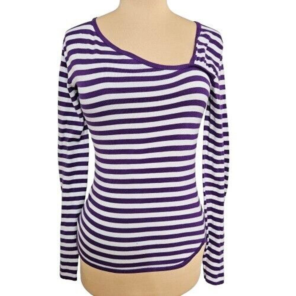 Cotton By Autumn Cashmere Sweater Womens‎ M Purple White Striped Pullover Cotton